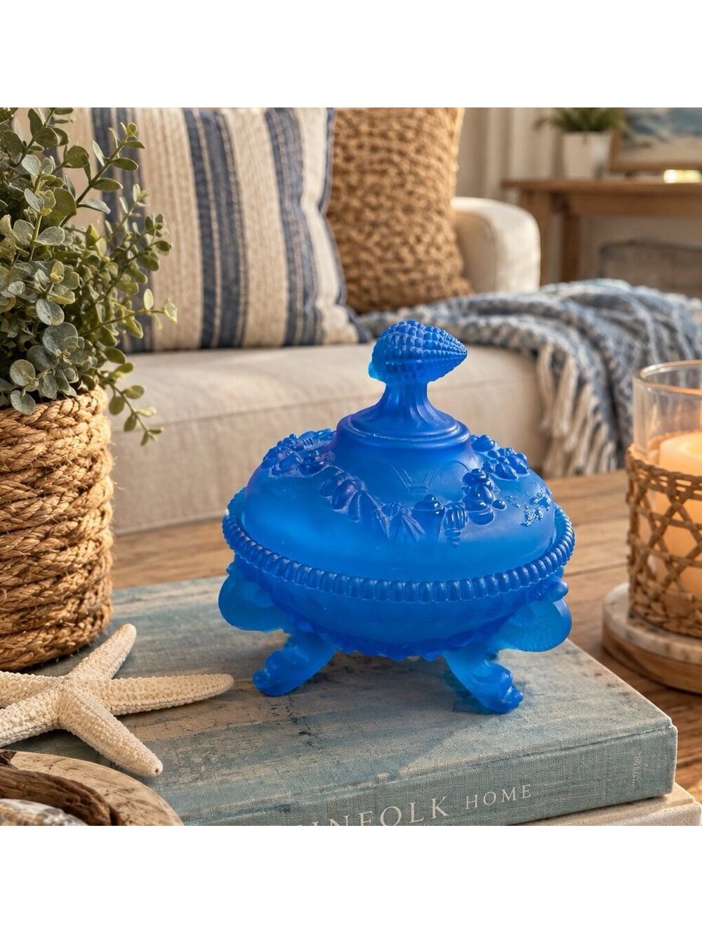 Westmoreland Cobalt Blue Glass Argonaut Dolphin Foot Lidded Candy Dish Bowl 6”
